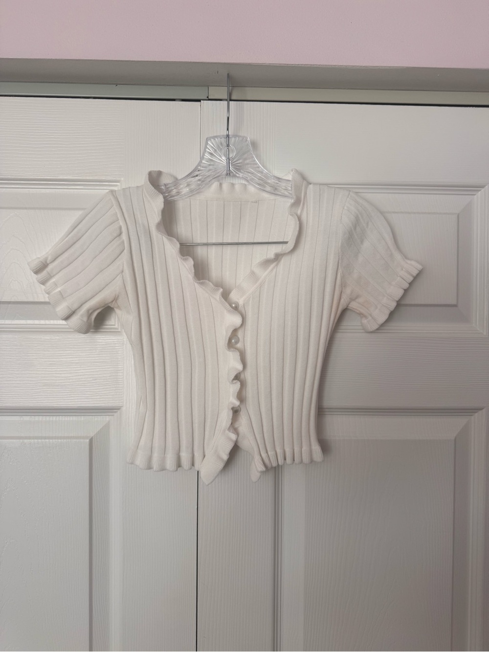 Ribbed Ruffle-Trim Button Front Crop Top - White